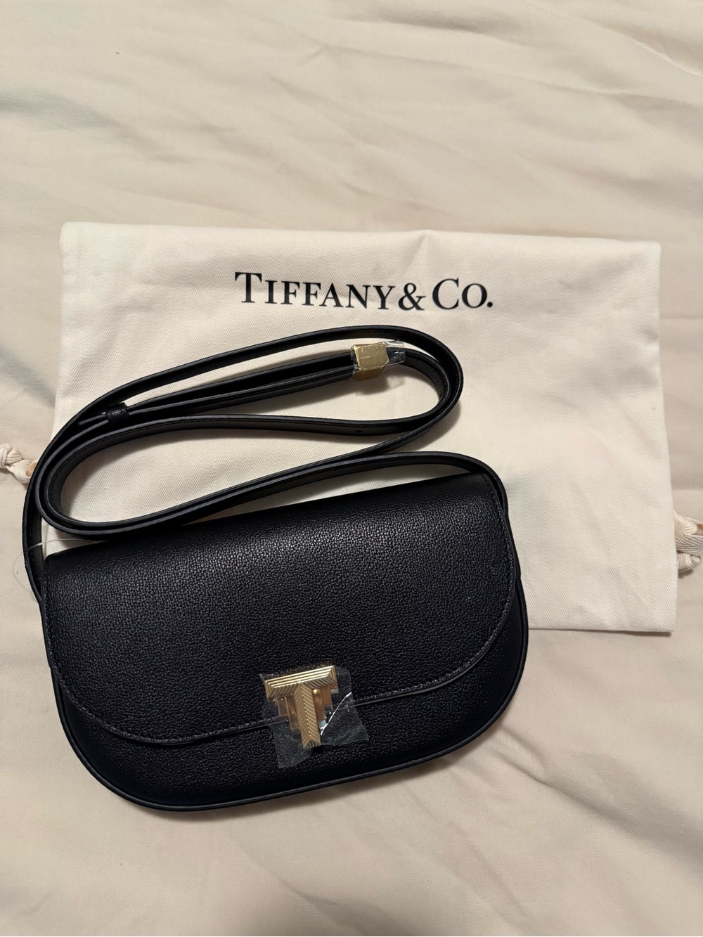 Tiffany & Co. Black Pebble Leather Crossbody with Gold-Tone Hardware